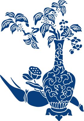 青花瓷图案罐鸟国画桌布