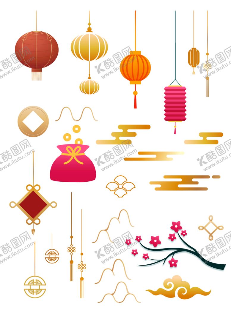 编号：39781601190331473568【酷图网】源文件下载-剪纸祥云灯笼中国结新年福字元素