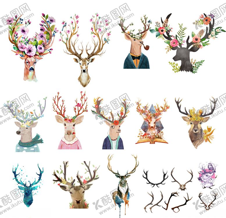 编号：85516410280716412201【酷图网】源文件下载-手绘水彩麋鹿驯鹿鹿角