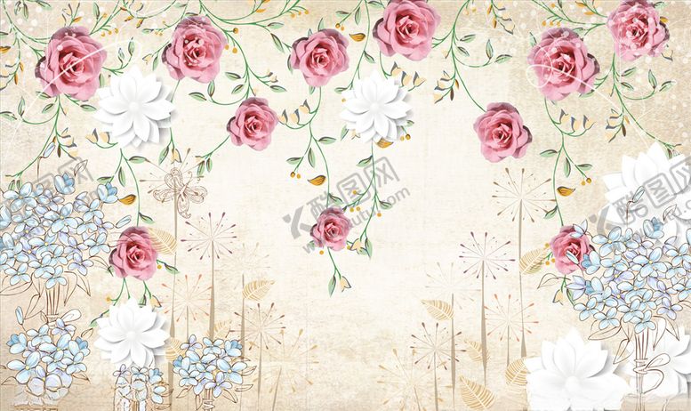 编号：66719504210656279399【酷图网】源文件下载-玫瑰花花藤蒲公英背景墙
