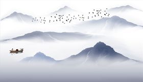 水墨山水小船大雁背景墙