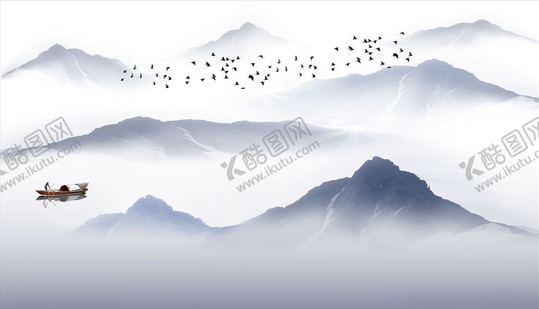 编号：66305305040633099680【酷图网】源文件下载-水墨山水小船大雁背景墙