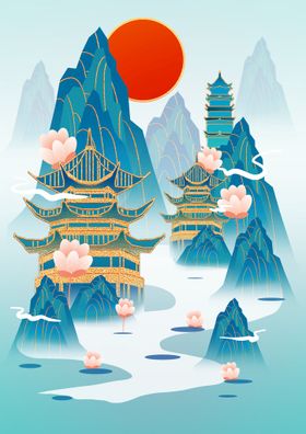 国潮风山水插画设计背景