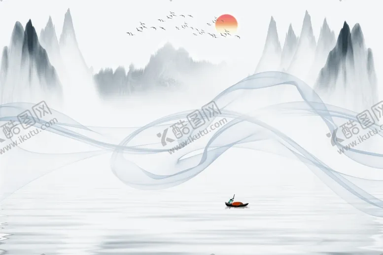 编号：13126604180906023467【酷图网】源文件下载-新中式山水飘带线条山水背景墙