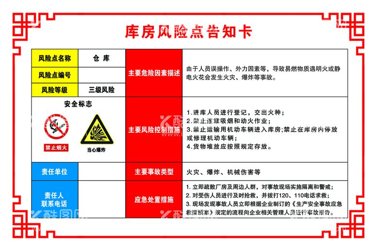 编号：97560209141724131643【酷图网】源文件下载-库房风险点告知卡