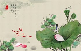 水墨荷花鱼趣背景墙