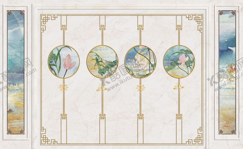 编号：49621210140714528135【酷图网】源文件下载-花鸟画荷花鹤背景墙