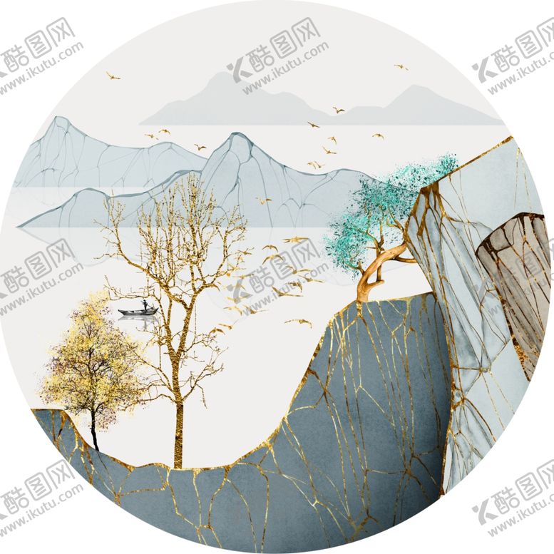 编号：65235401170410138715【酷图网】源文件下载-湖泊山脉圆形挂画装饰画