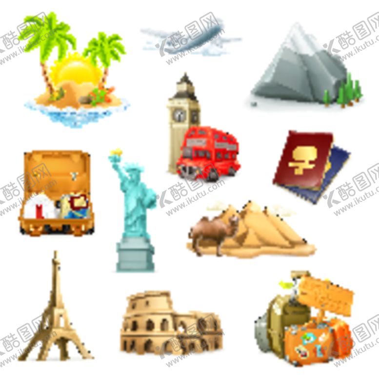 编号：66572012201305446543【酷图网】源文件下载-3D旅游图标矢量素材