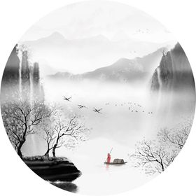 水墨湖畔风景画圆形挂画