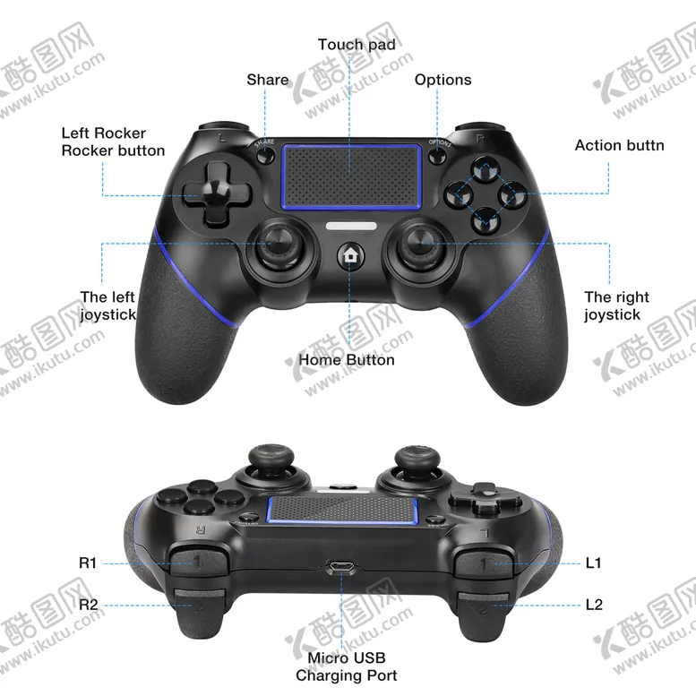 编号：74260910042304115036【酷图网】源文件下载-PS4手柄  部件介绍图 亚马