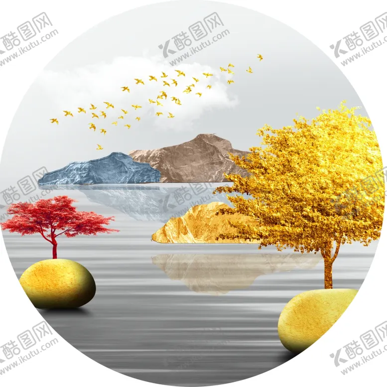 编号：86599601170454547320【酷图网】源文件下载-发财树湖泊圆形挂画装饰画