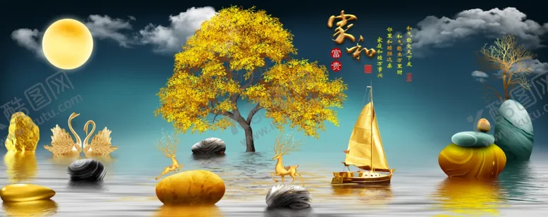编号：75791512092352104632【酷图网】源文件下载-金色发财鹿麋鹿山水装饰画