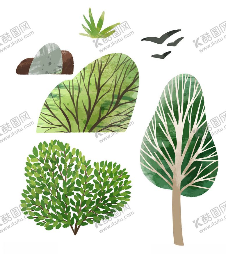 编号：90179302270932399500【酷图网】源文件下载-手绘水彩树木草丛矢量元素