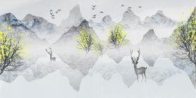 水墨山水间的灵动鹿影