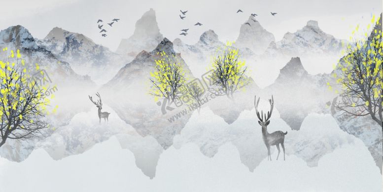 编号：57721704010434534834【酷图网】源文件下载-水墨山水间的灵动鹿影