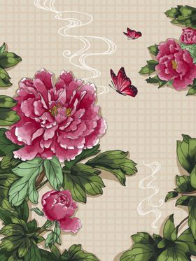 中式牡丹花卉蝴蝶图案