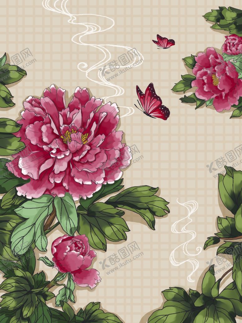 编号：27793904032212328579【酷图网】源文件下载-中式牡丹花卉蝴蝶图案