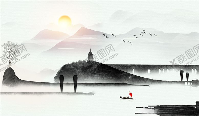 编号：72682706152227509910【酷图网】源文件下载-水墨山水树小船背景墙