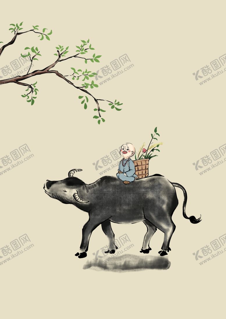 编号：34424510120555296221【酷图网】源文件下载-手绘山水放牛娃春天插画