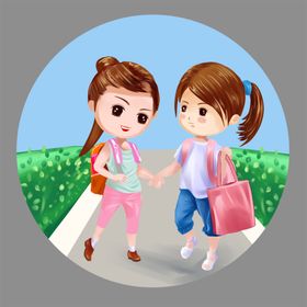 卡通女孩手绘开学季素材牵手