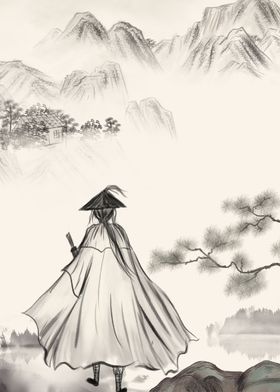 大气水墨侠客英雄榜群山背景