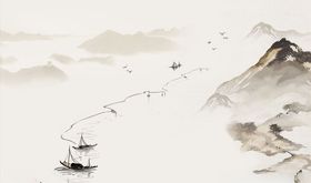 水墨山水小船背景墙