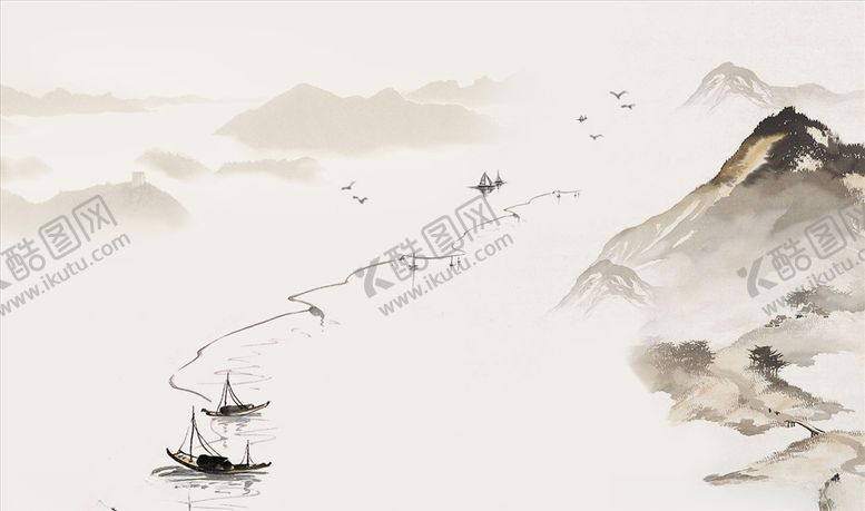 编号：86396205101113309030【酷图网】源文件下载-水墨山水小船背景墙