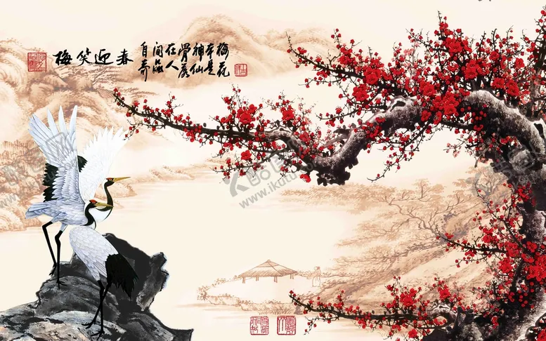 编号：41208909170659088946【酷图网】源文件下载-仙鹤红梅分层壁画3.2米*2米