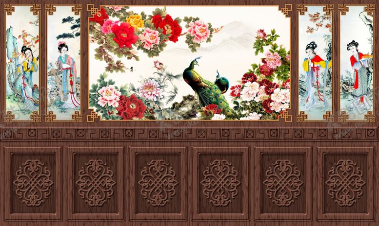 编号：52506509300825547672【酷图网】源文件下载-新中式花鸟复古木纹护墙板背景墙