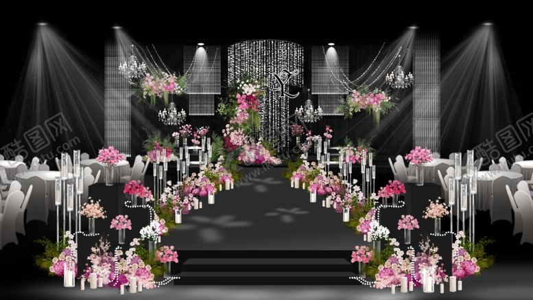 编号：13436404010213313581【酷图网】源文件下载-韩式水晶枚红色婚礼舞台效果图