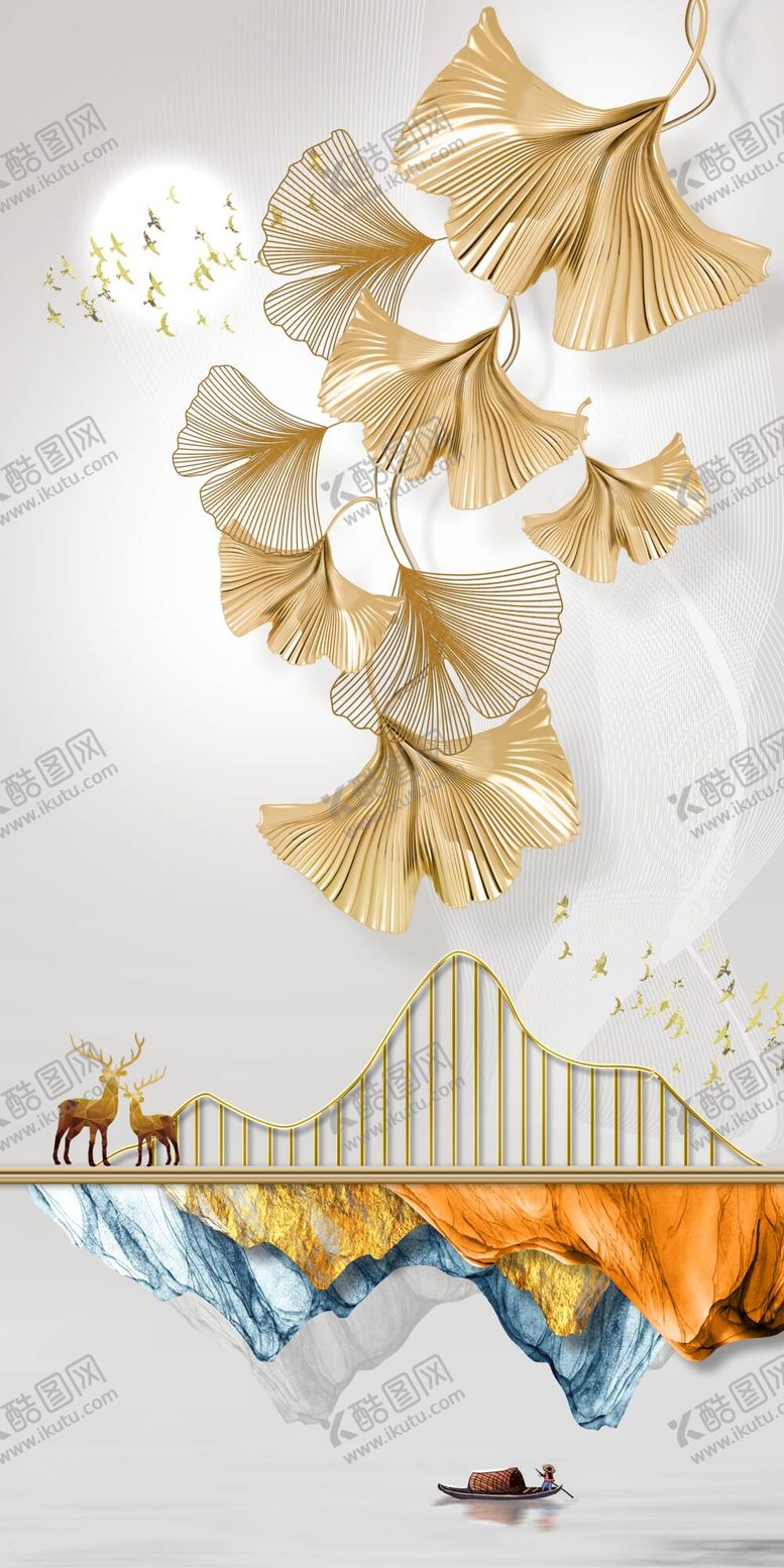 编号：74723310252152253446【酷图网】源文件下载-金色麋鹿山水发财鹿装饰画