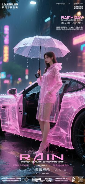 酒吧KTV温馨提示雨天美女跑车海报