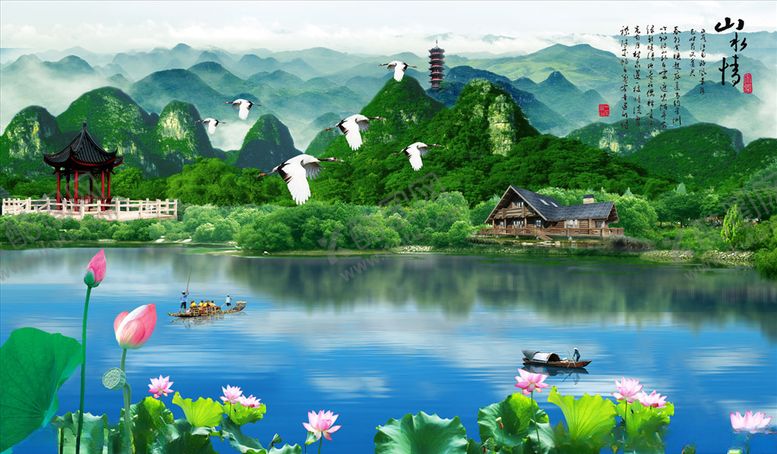 编号：66655205120708053137【酷图网】源文件下载-山水画亭小船背景墙