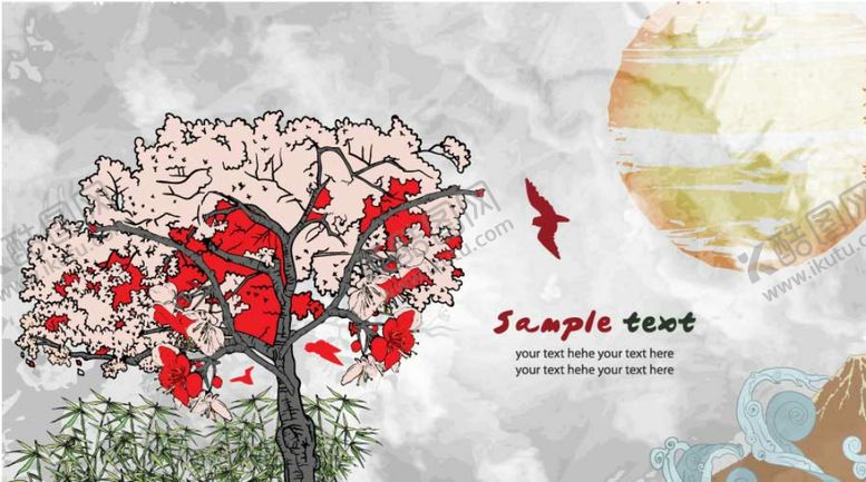 编号：31405909241339531210【酷图网】源文件下载-日本元素太阳火山鸟竹子复古背景