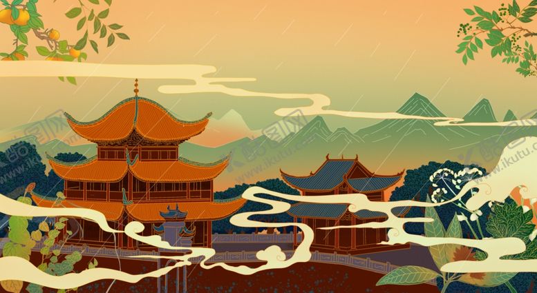 编号：43857209221954424153【酷图网】源文件下载-古典山水楼台插画