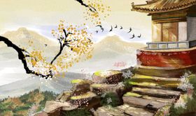 凉亭复古国风插画卡通背景素材