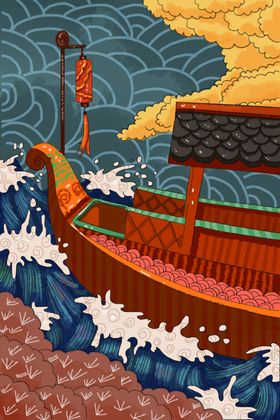 木船波纹国风古风插画背景