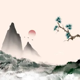 中国风水墨山水素材飞鸟群设计