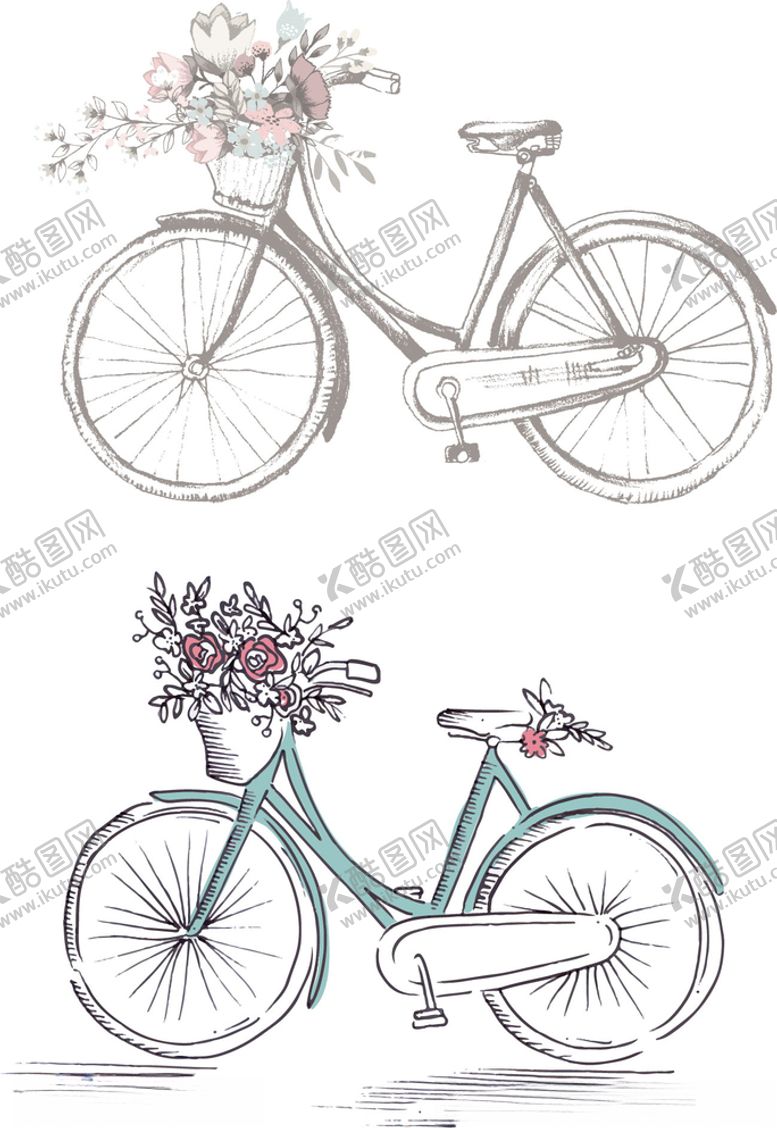 编号：70912510290351191080【酷图网】源文件下载-复古手绘鲜花单车结婚自行车素材