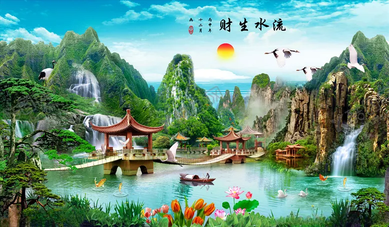 编号：86862305010331323296【酷图网】源文件下载-山水画小亭小桥背景墙