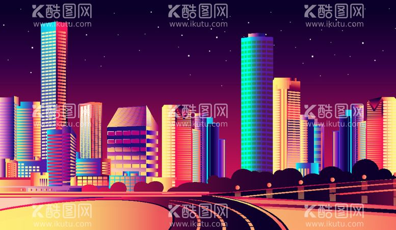 编号：96053512180954218559【酷图网】源文件下载-霓虹夜景城市建筑剪影