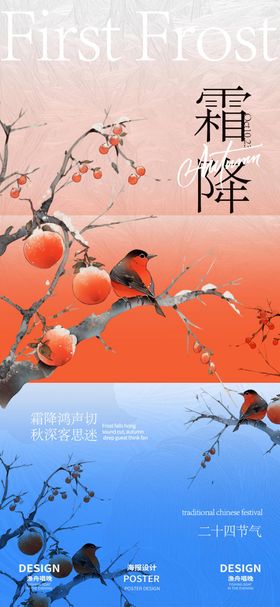 霜降海报柿子鸟二十四节气插画