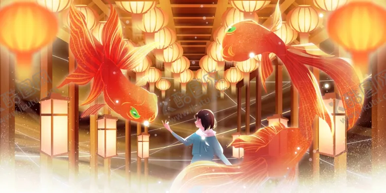 编号：48404104171222216285【酷图网】源文件下载-锦鲤女孩插画卡通背景海报素材