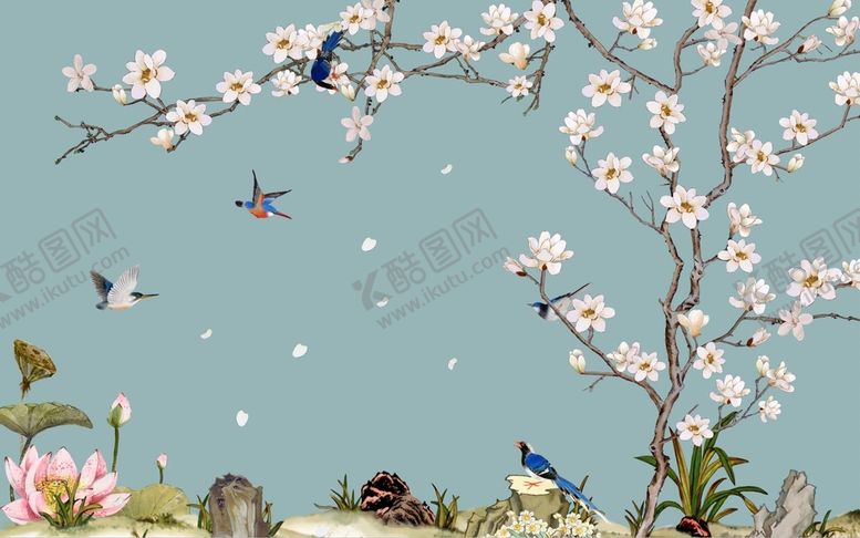 编号：83214909240000506392【酷图网】源文件下载-水墨山水简约花鸟背景客厅装饰画