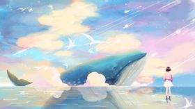 玫瑰色梦幻鲸鱼女孩与日落治愈系