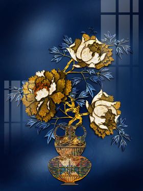 珐琅彩蓝金色牡丹装饰画