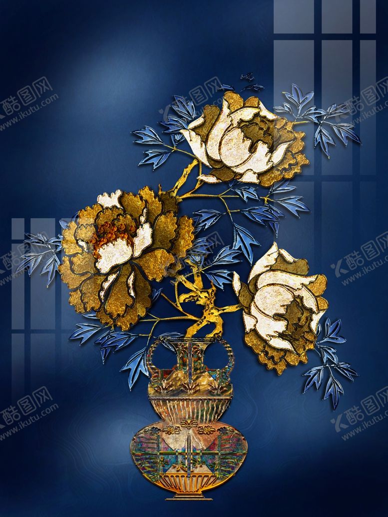编号：88957710301608134927【酷图网】源文件下载-珐琅彩蓝金色牡丹装饰画