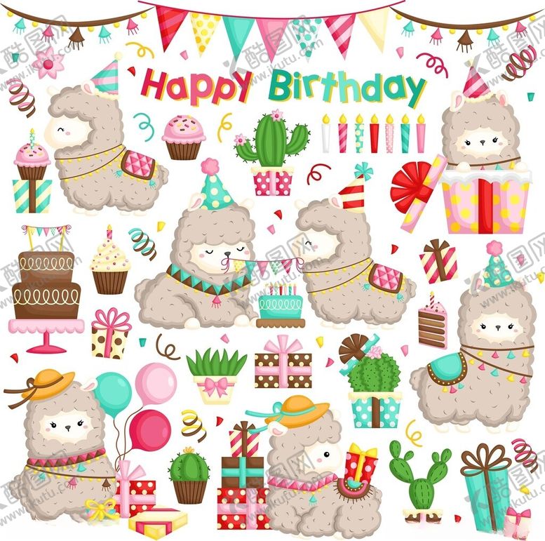 编号：17477704031041384909【酷图网】源文件下载-生日派对羊驼装饰元素