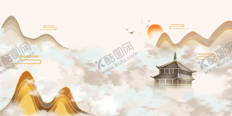 编号：16309309210701181378【酷图网】源文件下载-山水国风金色墙纸壁画背景素材